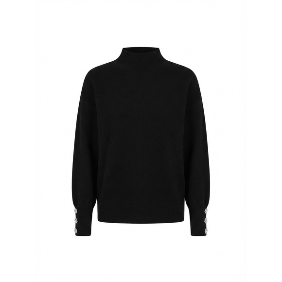 Tahari Sweaters - Tahari Womens Black Mock Neck Sweater Rhinestone Floral Button Cuffs Size Medium
